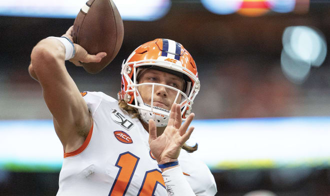 Clemson quarterback Trevor Lawrence is shown here Saturday in the Carrier Dome during pregame warm-ups.