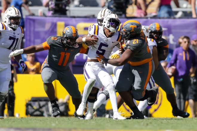 Tennessee defensive lineman Omari Thomas brings down LSU quarterback Jayden Daniels during the Vols' 40-13 win over the Tigers on Oct. 8, 2022 at Tiger Stadium. 