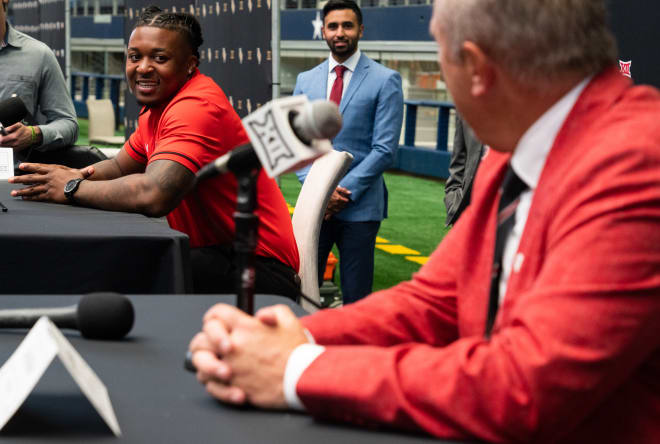 Texas Tech RB Tahj Brooks and head coach Joey McGuire at 2023 Big 12 Media Days