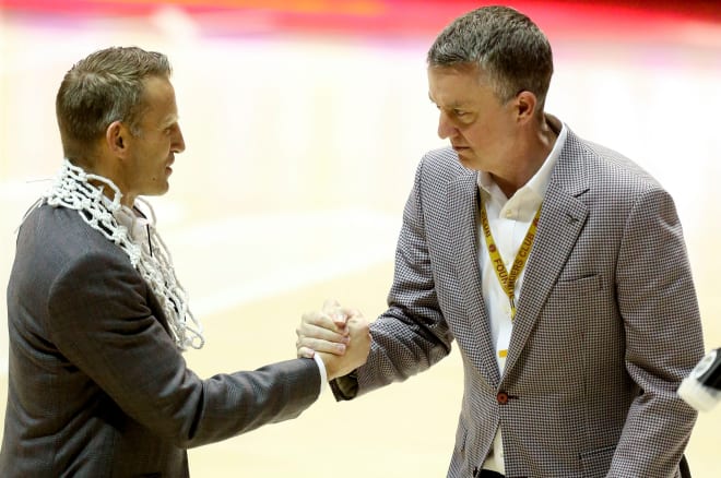 Alabama Athletics Director Greg Byrne congratulates Alabama Head Coach Nate Oats after Alabama defeated Auburn and celebrated the Tide's regular season SEC Championship on March 2, 2021, in Coleman Coliseum. Photo | Gary Cosby Jr. via Imagn Content Services, LLC