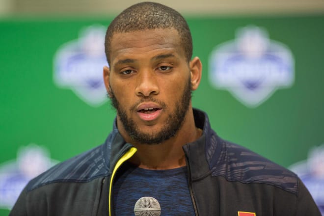 Alabama tight end O.J. Howard speaks to the media during the 2017 combine at Indiana Convention Center. Mandatory Credit: Trevor Ruszkowski-USA TODAY Sports