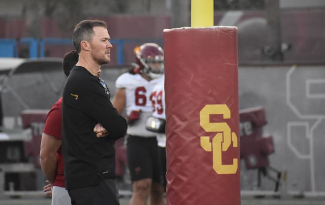 New USC coach Lincoln Riley watches Trojans practice Tuesday.