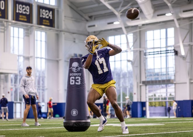 Notre Dame freshman wide receiver Cam Williams (17) goes through a drill during a recent Irish spring practice session.