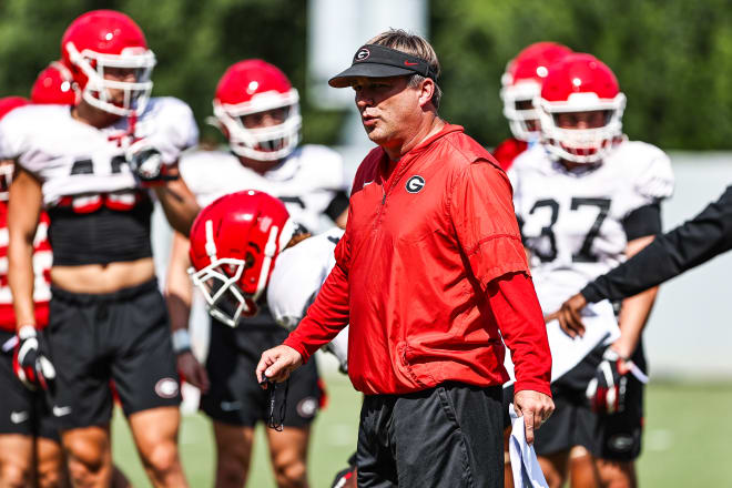 Georgia head coach Kirby Smart during the Bulldogs’ practice session in Athens, Ga., on Tuesday, Aug. 24, 2021. (Photo by Tony Walsh/UGA Sports Communications)
