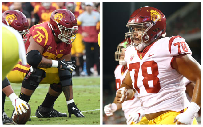 USC's top offensive lineman -- Alijah Vera-Tucker, left -- and defensive lineman -- Jay Tufele -- opted out before the new fall Pac-12 football season was announced.