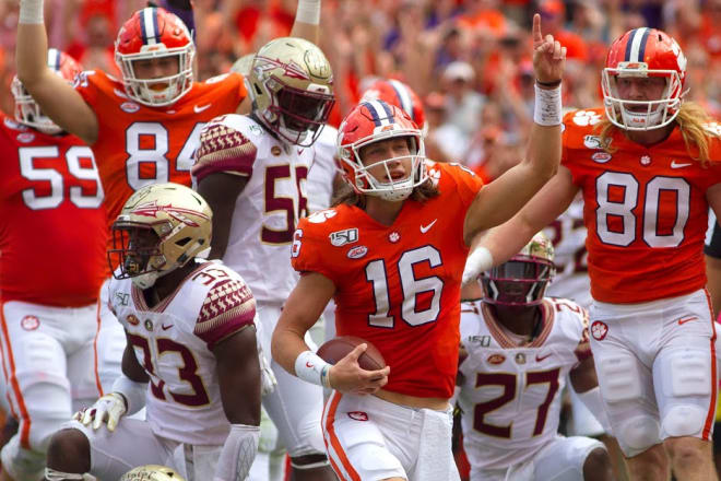 Trevor Lawrence celebrates a TD run in Clemson's 45-14 win over Florida State on Saturday. 