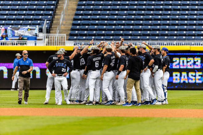 Duke's baseball team huddles Friday before playing Miami. 