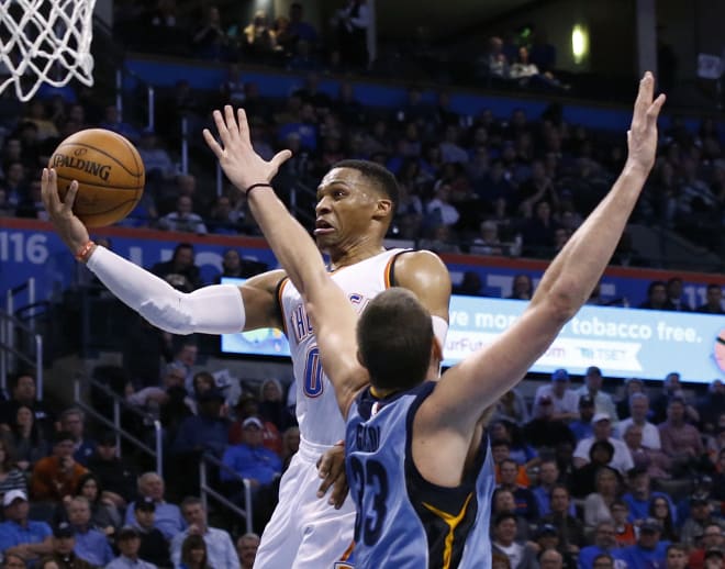 Oklahoma City guard Russell Westbrook shoots over Memphis center Marc Gasol during the Thunder's win over the Grizzlies last Wednesday.