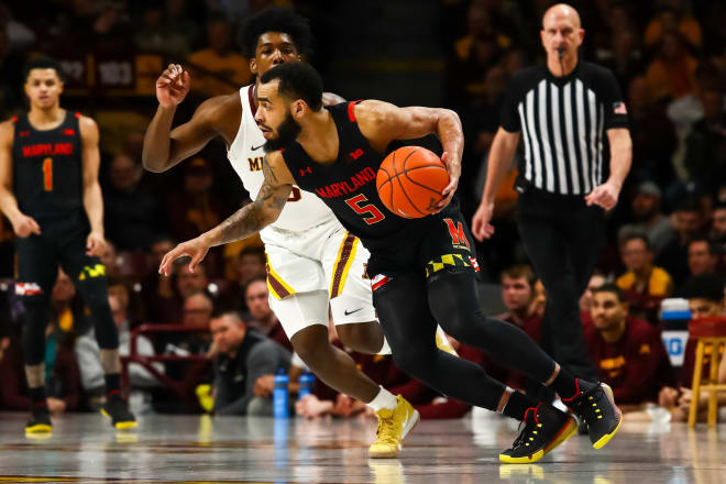 Eric Ayala (No. 5) is the Terps' leading scorer through 15 games. 