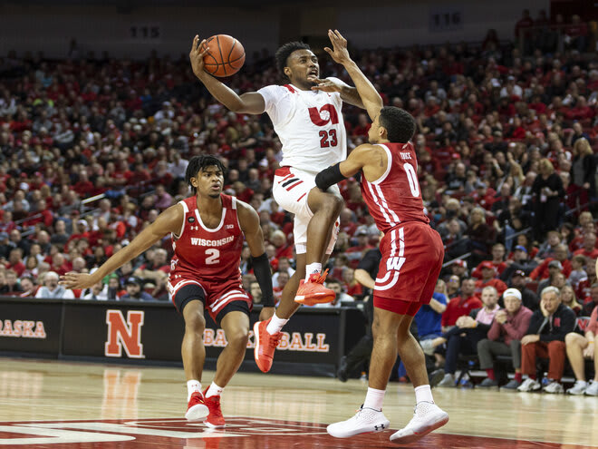 Nebraska guard Jervay Green (23) goes up for a lay up against Wisconsin guard D'Mitrik Trice (0) in 2020.