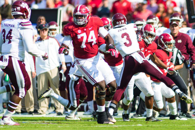 Alabama offensive lineman Cam Robinson (74) plays during the Mississippi State-Alabama game on Saturday, Nov. 12, 2016, at Bryant-Denny Stadium in Tuscaloosa, Ala.