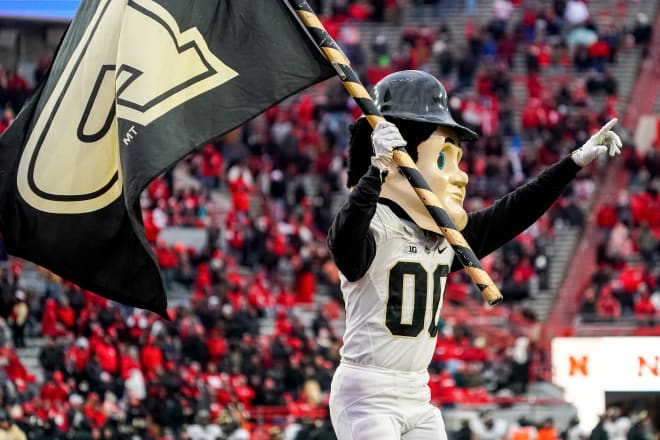 Oct 28, 2023; Lincoln, Nebraska, USA; Purdue Pete celebrates after a touchdown by the Purdue Boilermakers against the Nebraska Cornhuskers during the fourth quarter at Memorial Stadium. Mandatory Credit: Dylan Widger-USA TODAY Sports