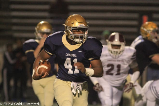 Indianapolis Cathedral 2018 running back and Notre Dame commit Markese Stepp returned to action Friday night in a limited role.