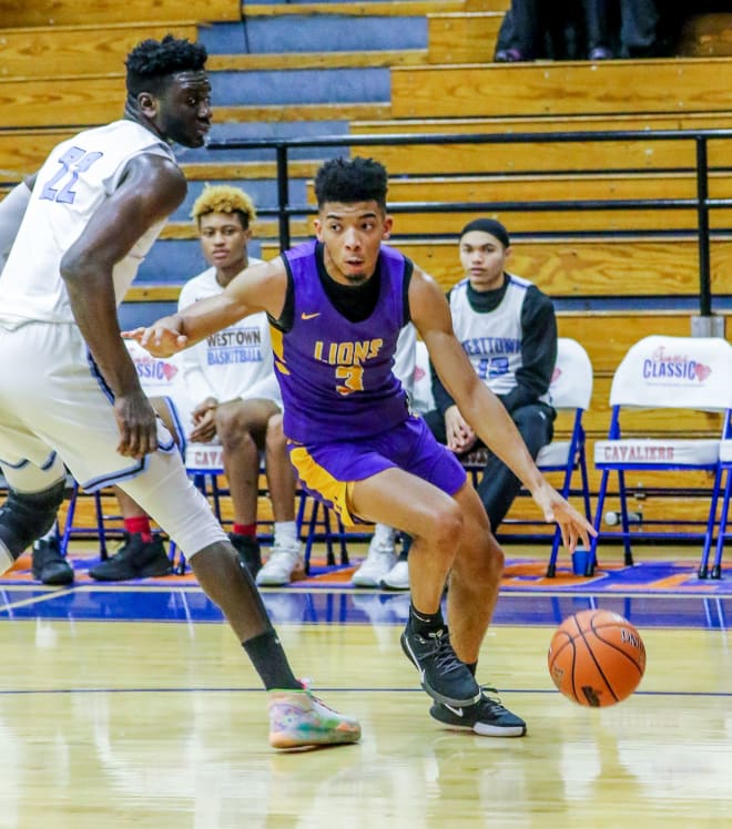 Legacy Early College guard Jacobi Wright (3) drives past a Westtown defender during the 2019 Chick-fil-A Classic in Columbia, SC. 