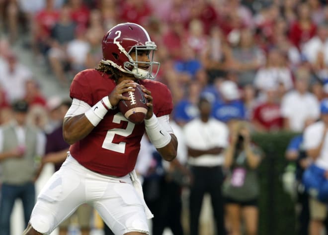 Alabama Crimson Tide quarterback Jalen Hurts (2) drops back to pass against the Kentucky Wildcats at Bryant-Denny Stadium. Mandatory Credit: Marvin Gentry-USA TODAY Sports