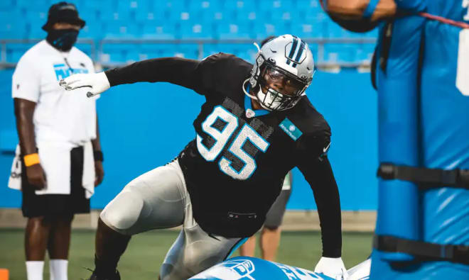 No. 7 overall pick Derrick Brown executes a drill as a member of the Panthers this preseason.