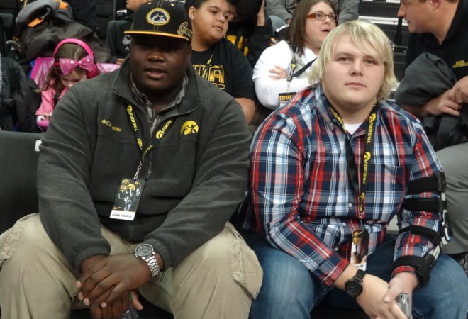 North Fayette Valley teammates Juan Harris and Ethan Lape at Iowa's junior day on Sunday.