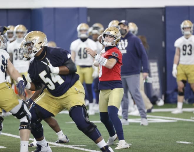 Notre Dame Fighting Irish football sophomore quarterback Drew Pyne and freshman offensive tackle Blake Fisher