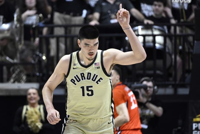 Mar 5, 2023; West Lafayette, Indiana, USA; Purdue Boilermakers center Zach Edey (15) reacts to scoring during the first against the Illinois Fighting Illini half at Mackey Arena. Mandatory Credit: Marc Lebryk-USA TODAY Sports