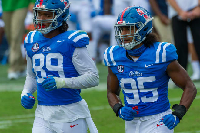 Ole Miss Rebels defensive end Ryder Anderson (89) and Mississippi Rebels linebacker Tavius Robinson (95) during the game against the Florida Gators at Vaught-Hemingway Stadium.