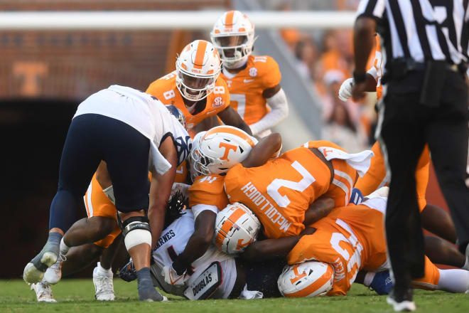 Tennessee's defense stops UTSA during a football game between Tennessee and UTSA at Neyland Stadium in Knoxville, Tenn., on Saturday, Sept. 23, 2023. 