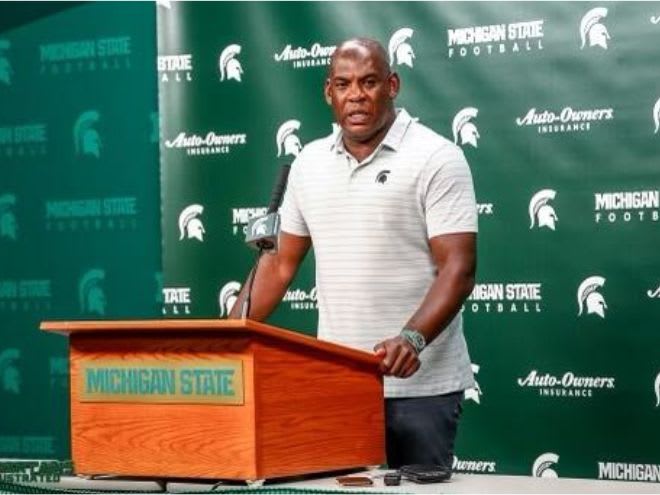 Michigan State head coach Mel Tucker addresses the media following the opening practice of 2023 fall camp
