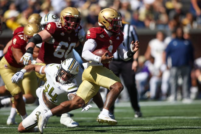 Boston College quarterback Thomas Castellanos escapes a tackle on a long run against Georgia Tech