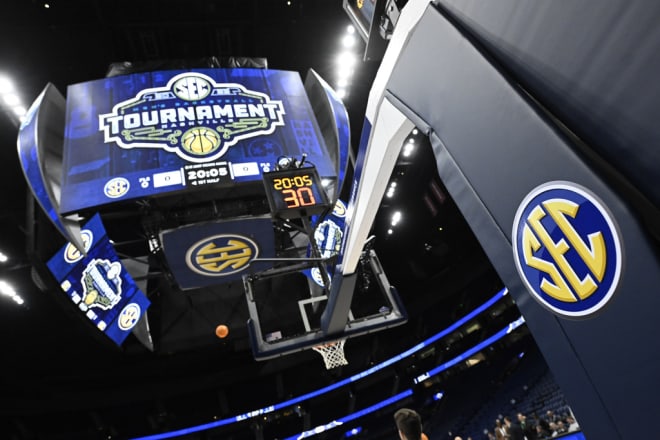 The scoreboard lights up before the beginning of the NCAA college basketball Southeastern Conference tournament, Wednesday, March 8, 2023, in Nashville, Tenn. (AP Photo/John Amis)