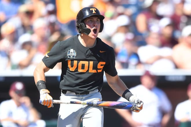 Tennessee's Dylan Dreiling (8) celebrates after hitting a two-run home run against Texas A&M in game two of the NCAA College World Series finals at Charles Schwab Field in Omaha, Neb., on Sunday, June 23, 2024