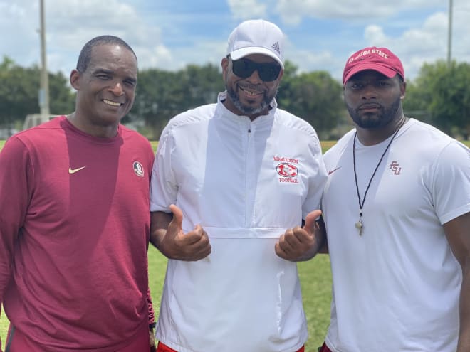 Miami Edison coach Luther Campbell (center) poses with two FSU staffers with strong Miami ties -- former UM head coach Randy Shannon (left) and former Miami high school assistant coach Sabbath Joseph.