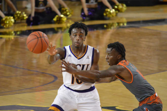 Tae Hardy operates in the ECU backcourt in the Pirates' 69-64 win over Texas-Rio Grande Valley.