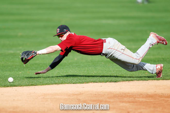 Marcus Mooney dives for a groundball at Saturday's scrimmage.