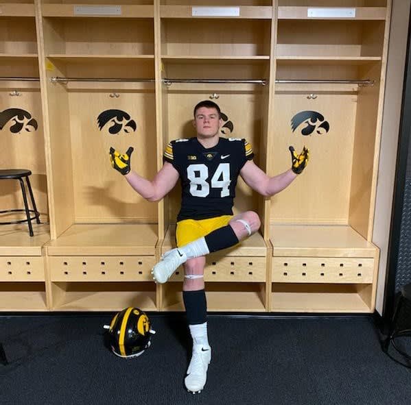 Four-star tight end Mac Markway in the locker room at Iowa on Sunday.