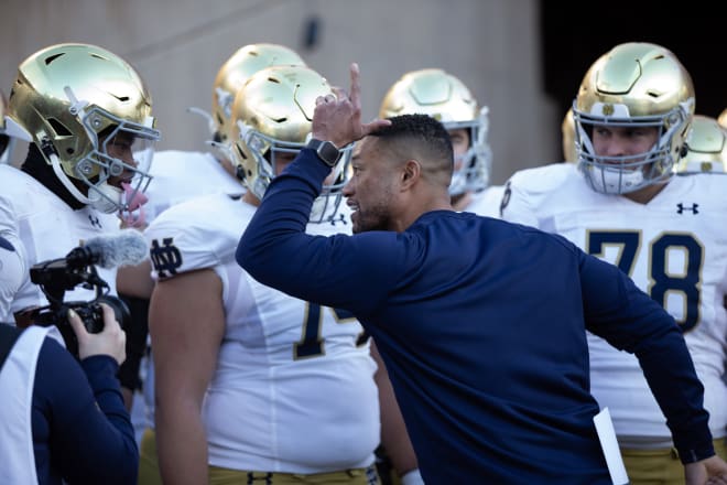 Notre Dame head coach Marcus Freeman makes a point on the sideline during Notre Dame's 56-23 victory Saturday at Stanford.