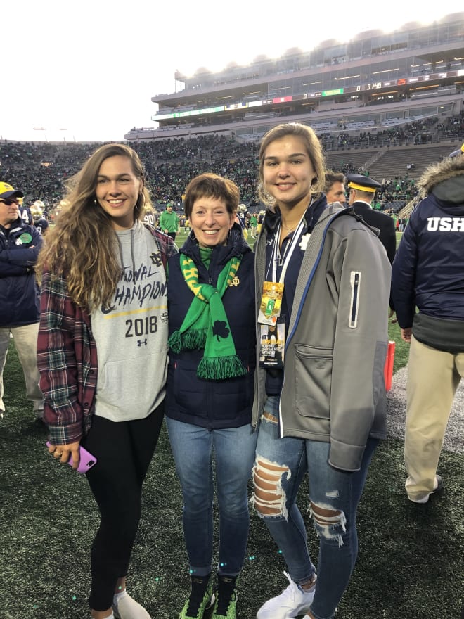 Muffet McGraw with 2020 recruit Madeline Westbeld (right), whose sister Kathryn (left) was the glue figure of the 2018 national champions.