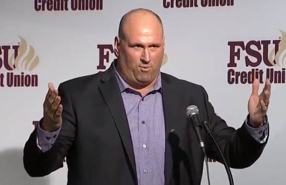 New OL coach Greg Frey speaks at the Seminoles' Signing Day Party.