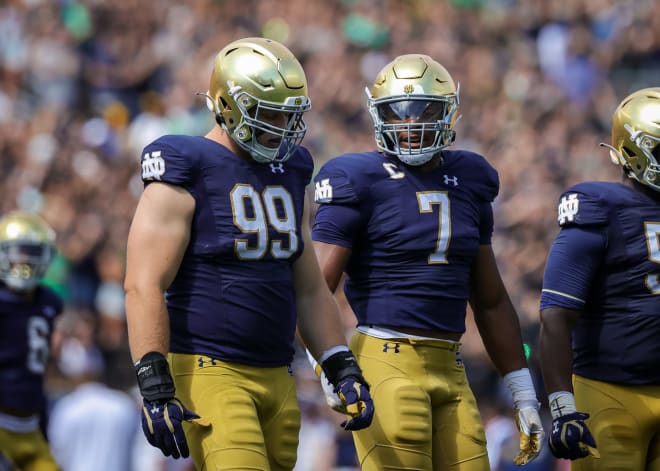 Notre Dame defensive ends Rylie Miller (99) and Isaiah Foskey (7) are looking to make an impact Saturday against Cal.