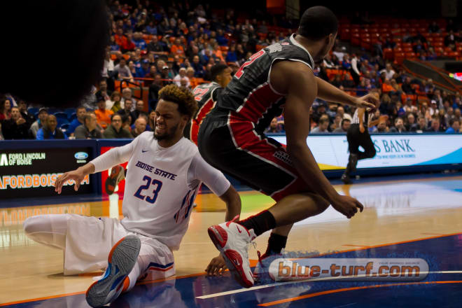 Boise State's, James Webb III goes down awkwardly on his right knee late in the second half against UNLV. Webb left the game and did not return. He is scheduled for an MRI on Wednesday.