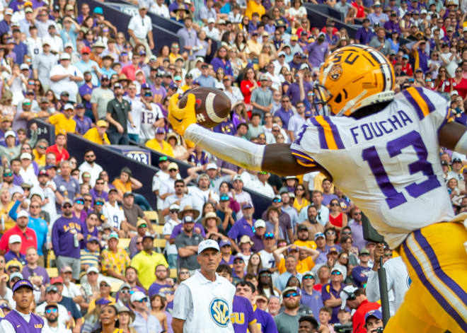 LSU defensive back Joe Foucha, seen here making an interception vs. Ole Miss this season, is one of two New Orleans area natives along with Greg Brooks Jr, who transferred to the Tigers' program this season from Arkansas. That duo has combined for 59 tackles, 5 pass breakups and 2 interceptions.
