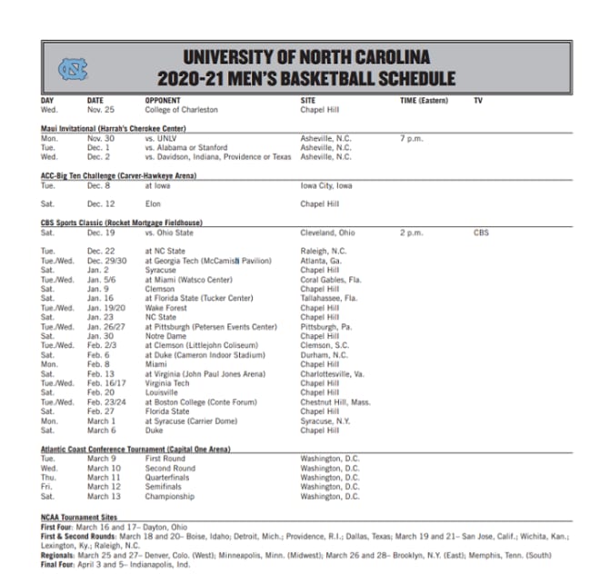 UNC's Full 202021 Basketball Schedule Released TarHeelIllustrated