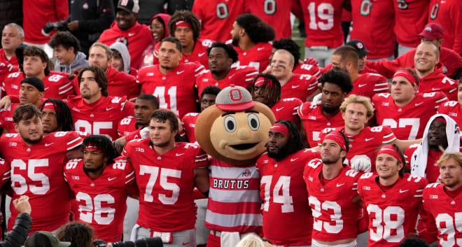 Oct. 7, 2023; Columbus, Oh., USA; Ohio State football players sing \"Carmen Ohio\" following a 37-17 win over the Maryland Terrapins in Saturday's NCAA Division I football game at Ohio Stadium.