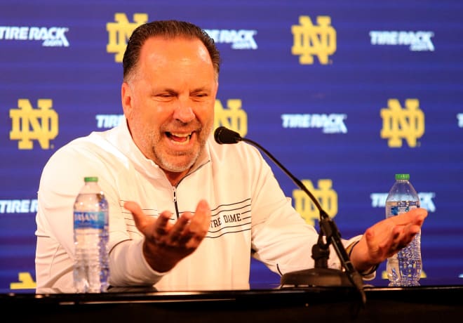 Notre Dame men's basketball coach Mike Brey meets with the media on Friday.