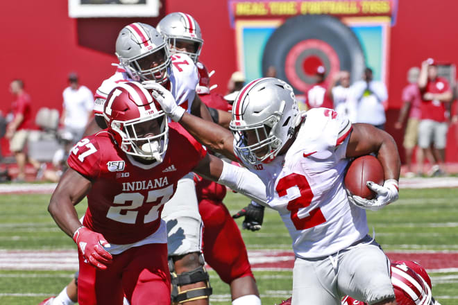 Indiana sophomore safety Devon Matthews attempts a tackle on Ohio State running back J.K. Dobbins during IU's 51-10 loss to the Buckeyes on Saturday. Matthews and other young defensive backs will be leaning on older, more experienced teammates to guide them out of the blowout loss and into the rest of the season. (USA Today Images)