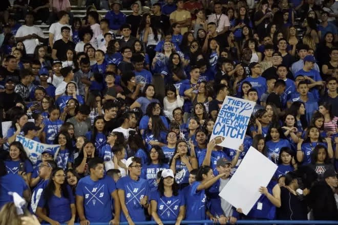 Sunnyside students bring the energy during a home game from 2017.  After opening the year with a pair of road games (Campo Verde and Desert View), the Blue Devils will open its home season on Sept. 6 against Rincon.  (Photo by Ralph Amsden)