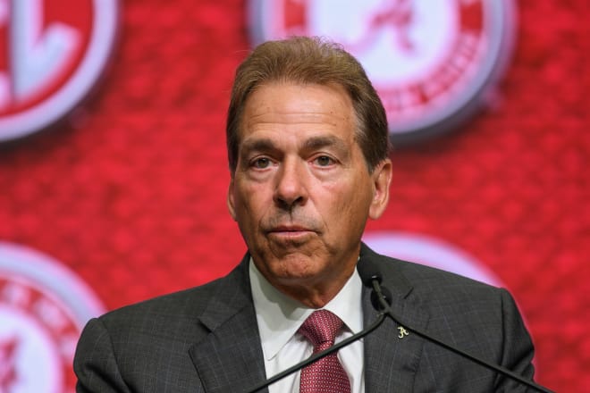 Nick Saban addresses the media during SEC football media day at the College Football Hall of Fame.