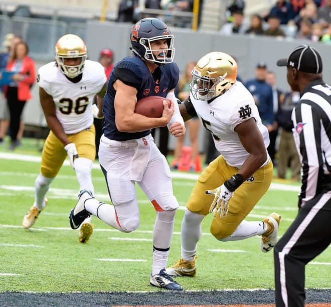 Syracuse quarterback Eric Dungy accounted for 412 yards total offense and five touchdowns in a 50-33 loss to Notre Dame in 2016.