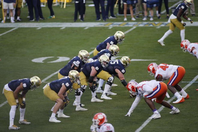 Notre Dame Fighting Irish football’s offensive line versus Clemson in the ACC Championship