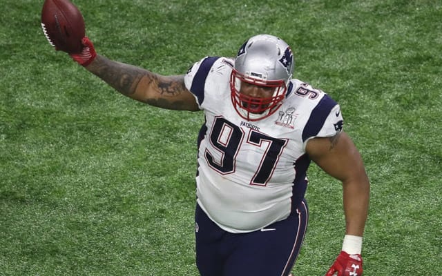 HOUSTON, TX - FEBRUARY 05: Alan Branch #97 of the New England Patriots celebrates after a recovered fumble in the fourth quarter against the Atlanta Falcons during Super Bowl 51 at NRG Stadium on February 5, 2017 in Houston, Texas. (Photo by Ezra Shaw/Getty Images)