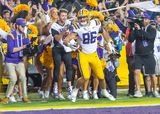 Tigers Tight end Mason Taylor scores the game-winning two-point conversion in overtime as the LSU Tigers take down Alabama 32-31 at Tiger Stadium in Baton Rouge, Louisiana. Photo | SCOTT CLAUSE/USA TODAY Network / USA TODAY NETWORK