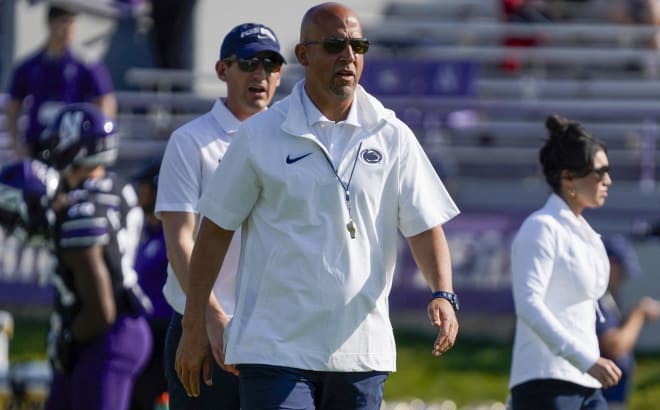 Sep 30, 2023; Evanston, Illinois, USA; Penn State Nittany Lions head coach James Franklin on the field before the game against the Northwestern Wildcats at Ryan Field. Mandatory Credit: David Banks-USA TODAY Sports